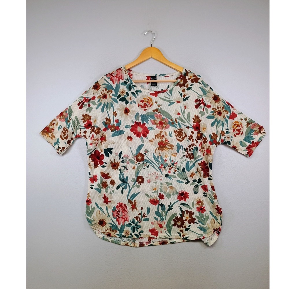 Cottagecore Lildy Womens L-XL Cream Floral Waffle Knit 3/4 Sleeve Tunic Top